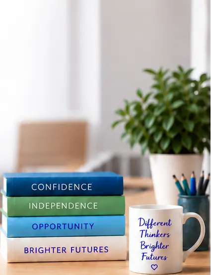 Books labelled Confidence, Independence, Opportunity and Brighter Futures, with a mug saying Different Thinkers Brighter Futures